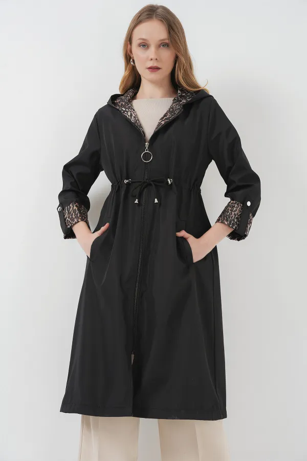 9091 Waist Drawstring Hooded Trench Coat - Plain Black