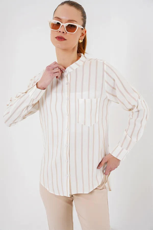 Kadın Uzun Kollu Çizgili Gömlek 20283 - Bej