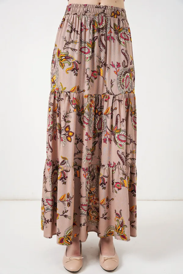 1898 Desenli Uzun Etek - Bej