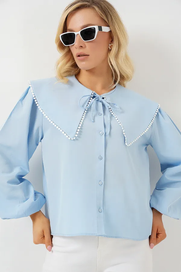 Chemise à col bébé pour femme 20314 - Bleu