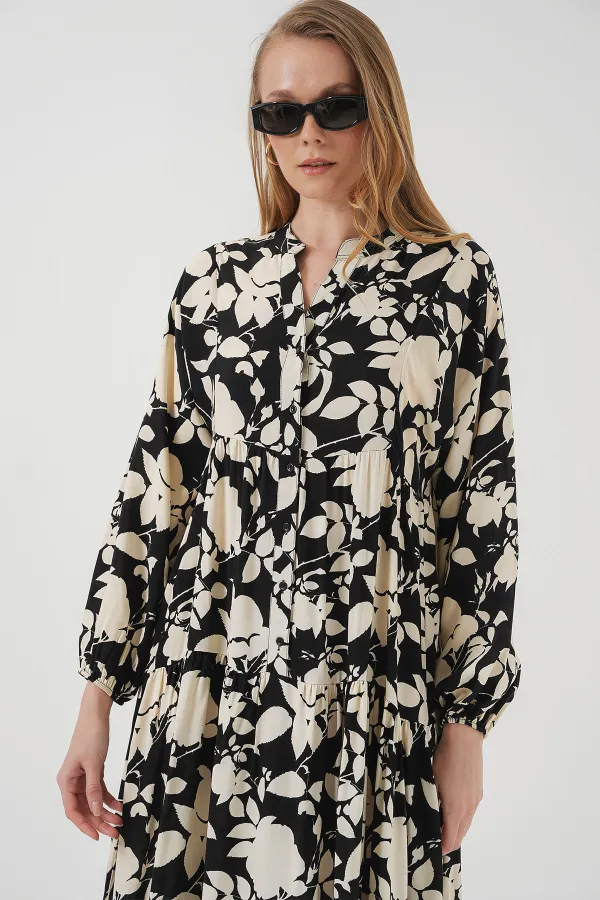 Robe hijab à motifs authentiques 2423 - Noir - Blanc1