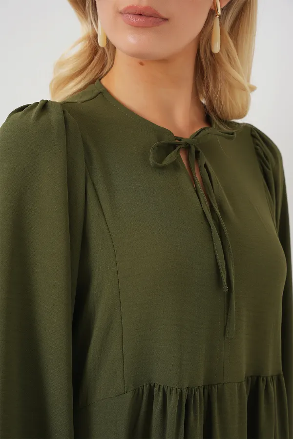 Women's Balloon Sleeve Long Hijab Dress 2464 - Khaki