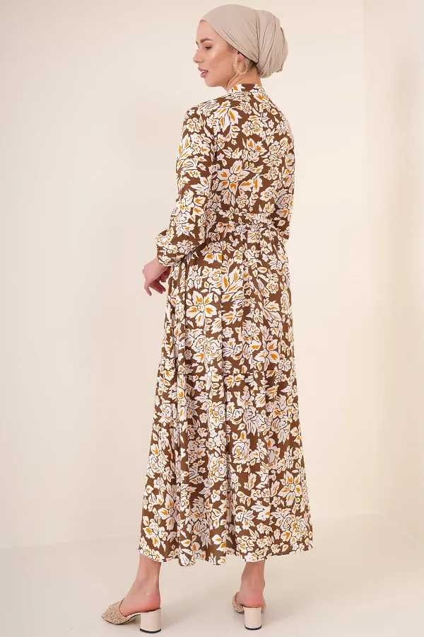 2144 Hakim Yaka Tesettür Elbise - Kahverengi