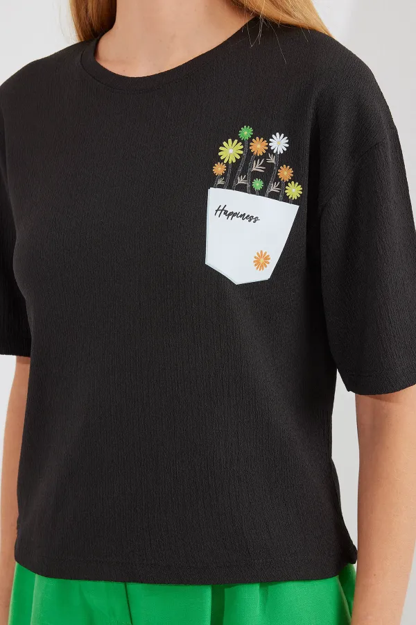 912 Printed Knitted Basic T-Shirt - Black