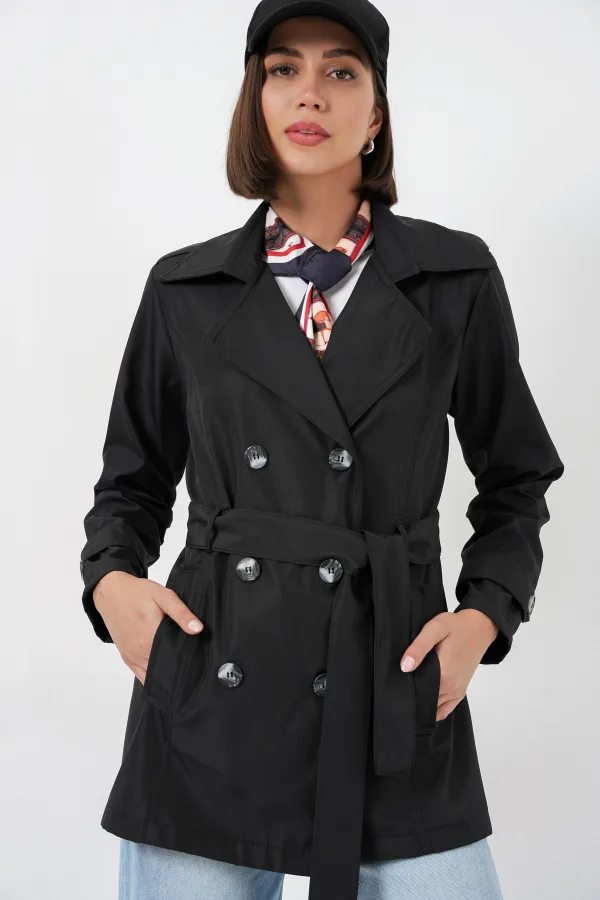 Women's Belted Short Trench Coat 5982 - Black Women's Belted Short Trench Coat 5982 - Black