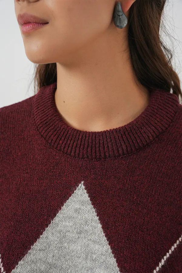 15895 Baklava Desenli Oversize Triko Kazak - Y.Bordo