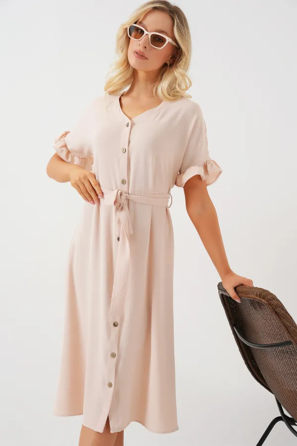 Women's Short Sleeve Buttoned Dress 2555 - Cream