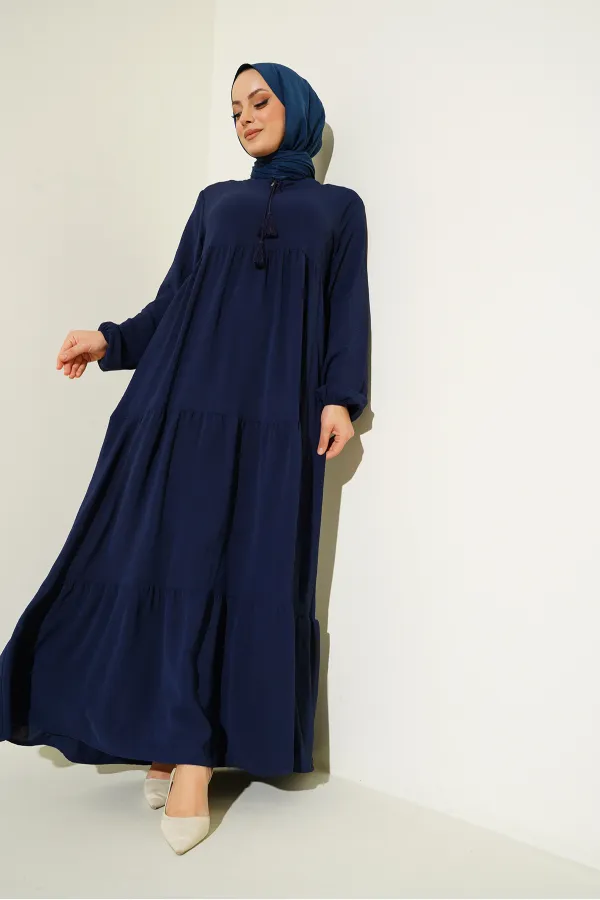 1627 Lace-Up Hijab Dress - Dark Navy Blue 1627 Lace-Up Hijab Dress - Dark Navy Blue