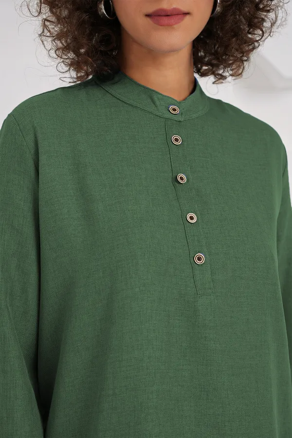 6678 Linen Tunic Trousers Two-Piece Suit - Emerald Green