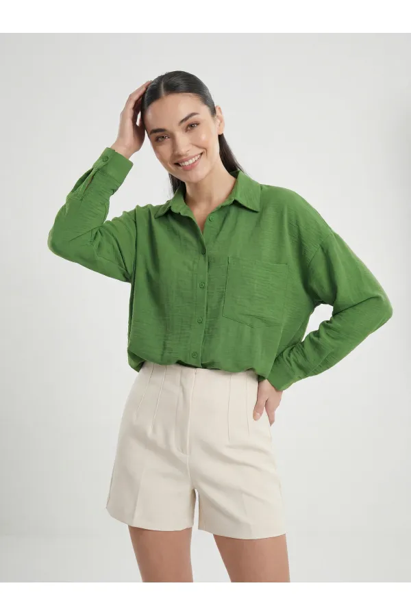 20153 Single Pocket Oversize Linen Shirt - Dark Green 20153 Single Pocket Oversize Linen Shirt - Dark Green