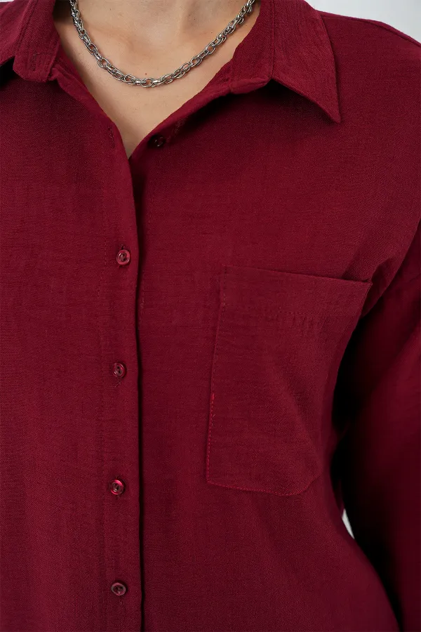 20153 Tek Cepli Oversize Keten Gömlek - Bordo 20153 Tek Cepli Oversize Keten Gömlek - Bordo