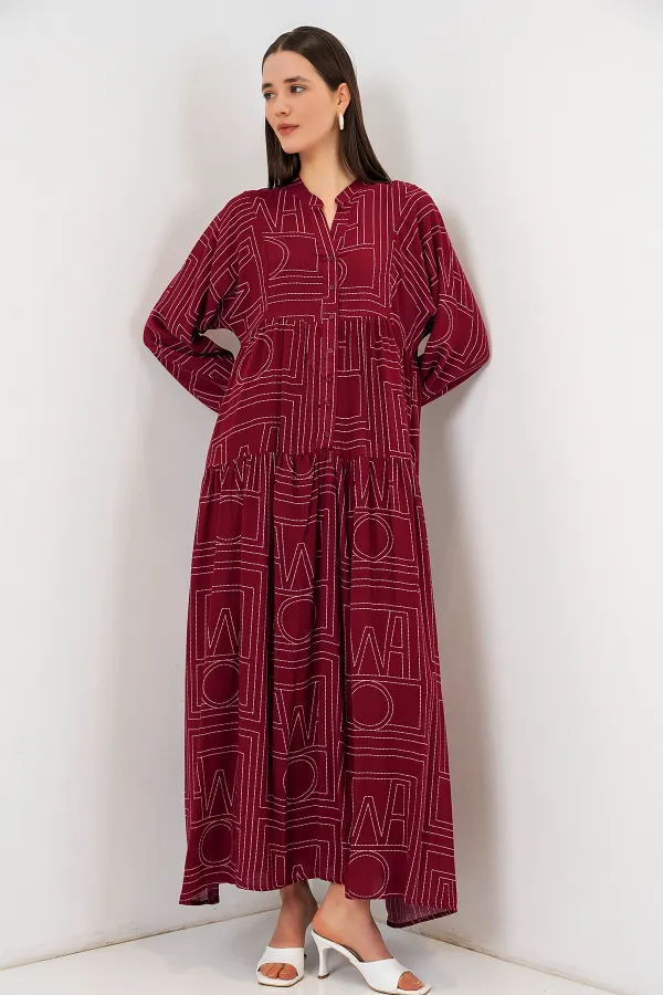 Robe longue hijab à motifs pour femme 2585 - B. Bordeaux