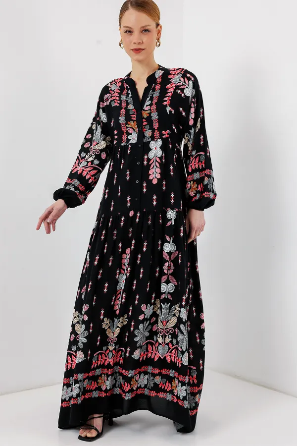 2423 Authentic Patterned Hijab Dress - Black - Terracotta