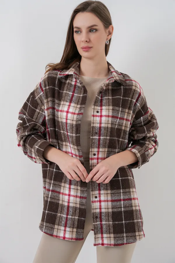 Women's Plaid Pattern Oversize Lumberjack Shirt 3854 Mink