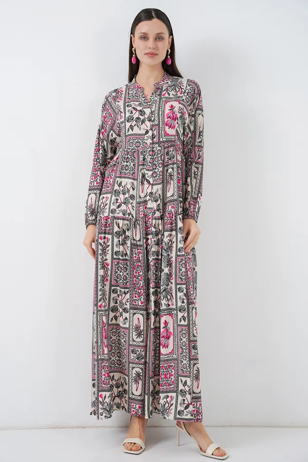 Robe longue hijab à motifs pour femme 2585 - B. Fuchsia