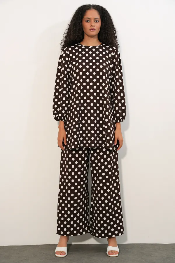 Women's Tunic and Pants Polka Dot Top and Bottom Set 6663 - Dark Brown