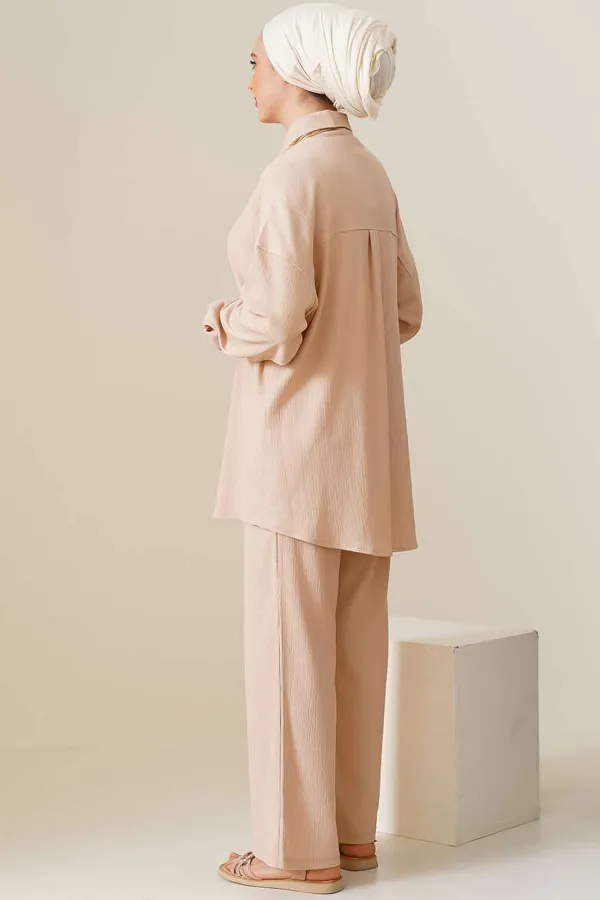 T5858 Ensemble hijab tricoté deux pièces - Biscuit