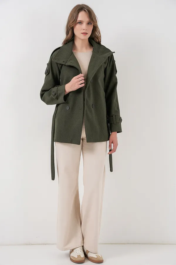 Manteau en cachemire ceinturé pour femme 9162 - Kaki