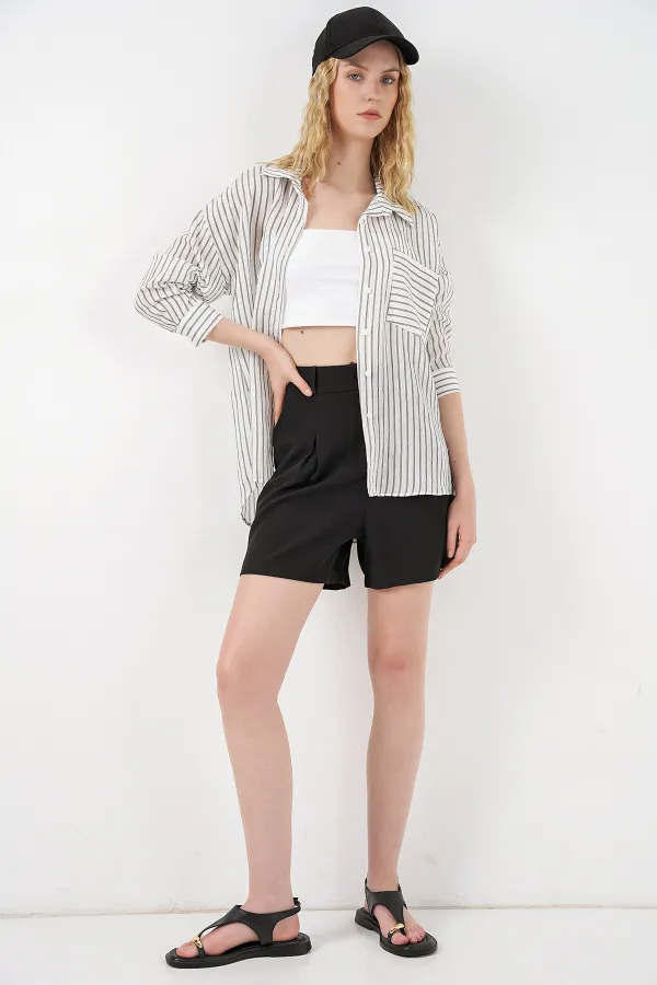 Kadın Tek Cepli Çizgili Oversize Gömlek 20375 - Beyaz Kadın Tek Cepli Çizgili Oversize Gömlek 20375 - Beyaz