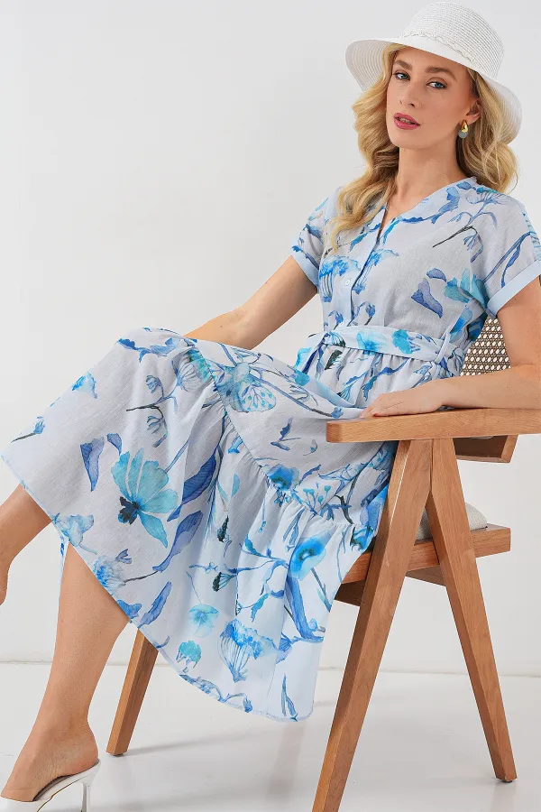 Women's Patterned Short Sleeve Dress 2558 - Blue