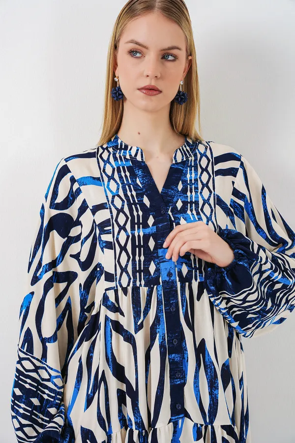 Kadın Desenli Uzun Tesettür Elbise 2585 - T. Lacivert