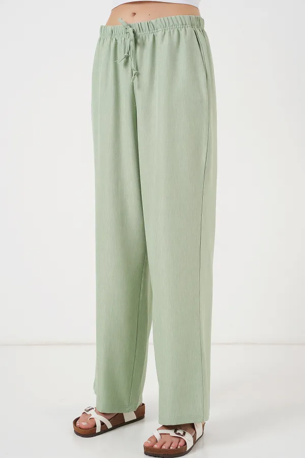 Kadın Geniş Paça Keten Pantolon 6735 - E.Yeşil