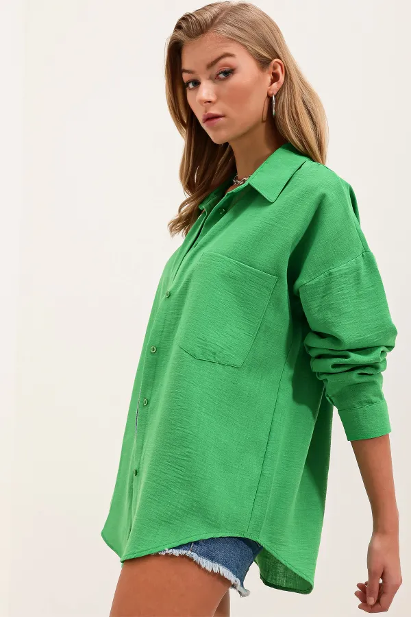 Chemise oversize en lin à poche unique 20153 - Verte
