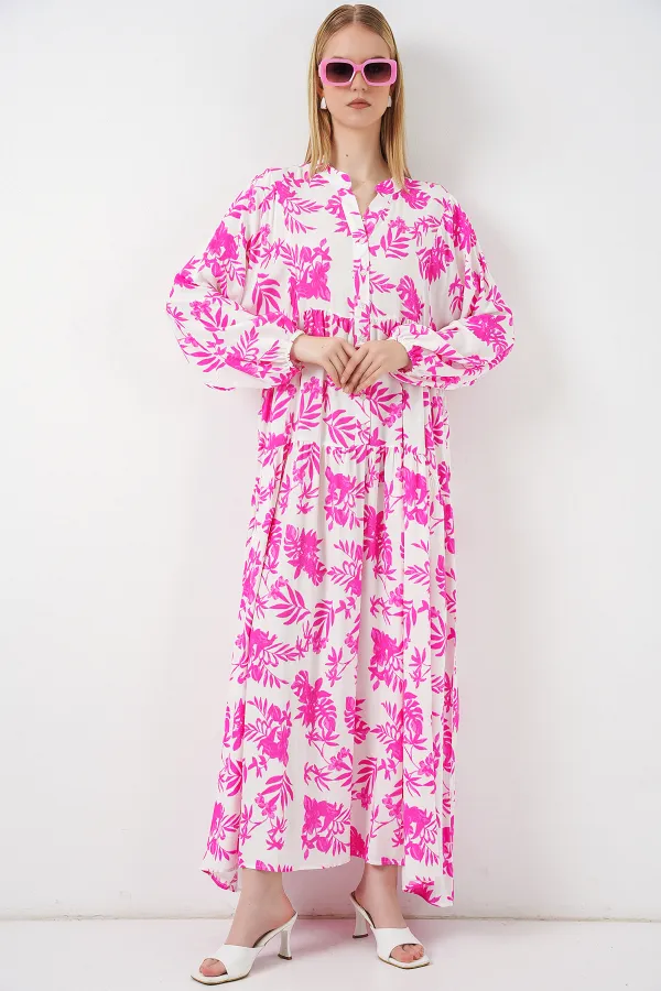 Women's Patterned Long Hijab Dress 2585 - Pink