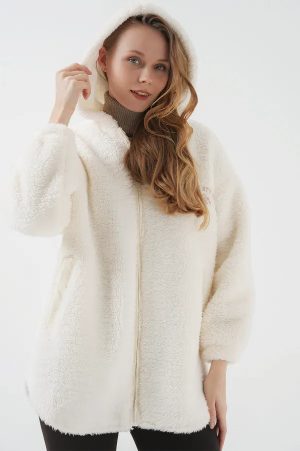 9102 Manteau en peluche blanc à capuche oversize