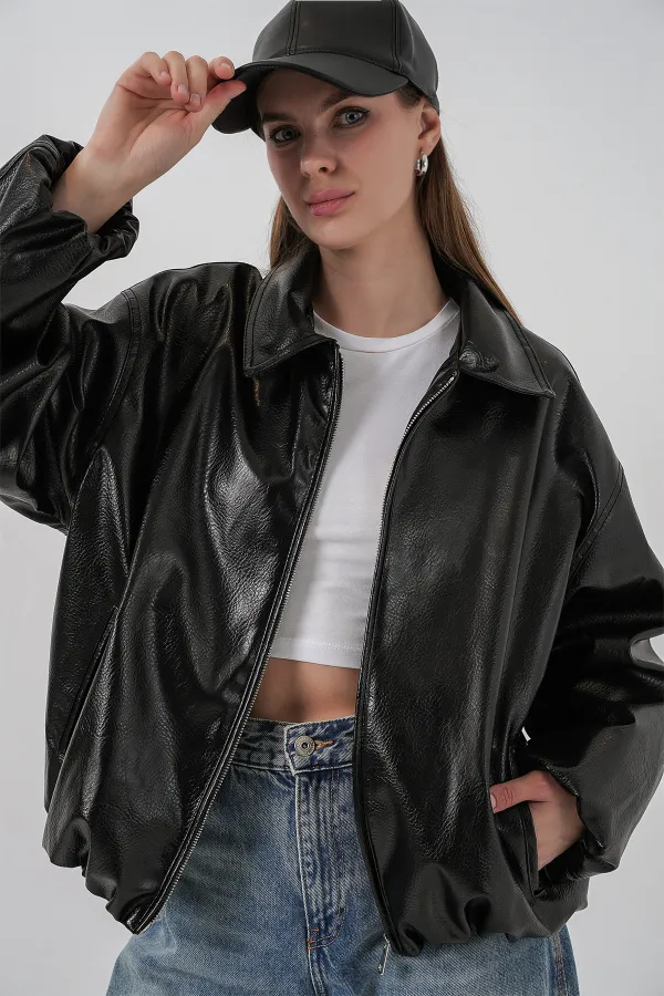 Veste oversize en similicuir pour femme 1049 - Noir