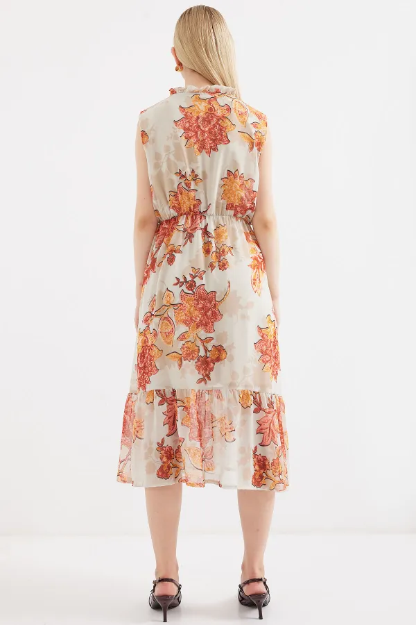 2503 Patterned Zero Sleeve Chiffon Dress - Brick