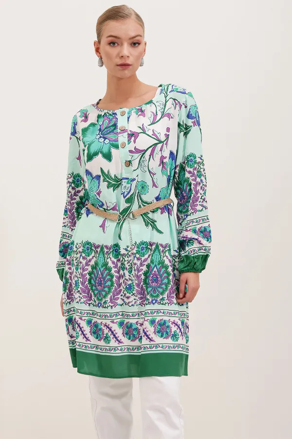 Robe à motifs ceinturée 5902 - Verte