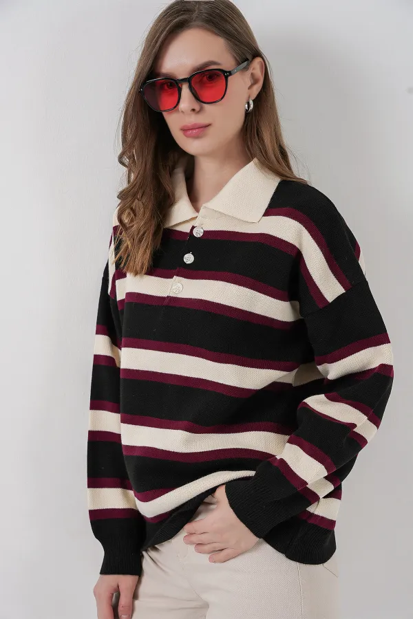 Women's Striped Polo Neck Knitwear Sweater 15952 - Black