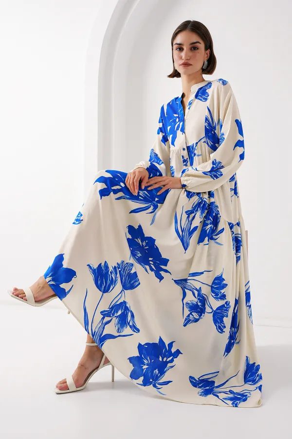 2423 Authentic Patterned Hijab Dress - A.Ecru