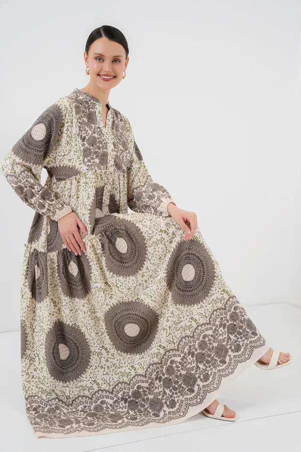 2423 Authentic Patterned Hijab Dress - F.KAHVE