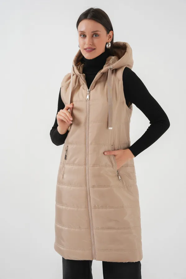 5140 Kapşonlu Uzun Şişme Yelek - Bisküvi