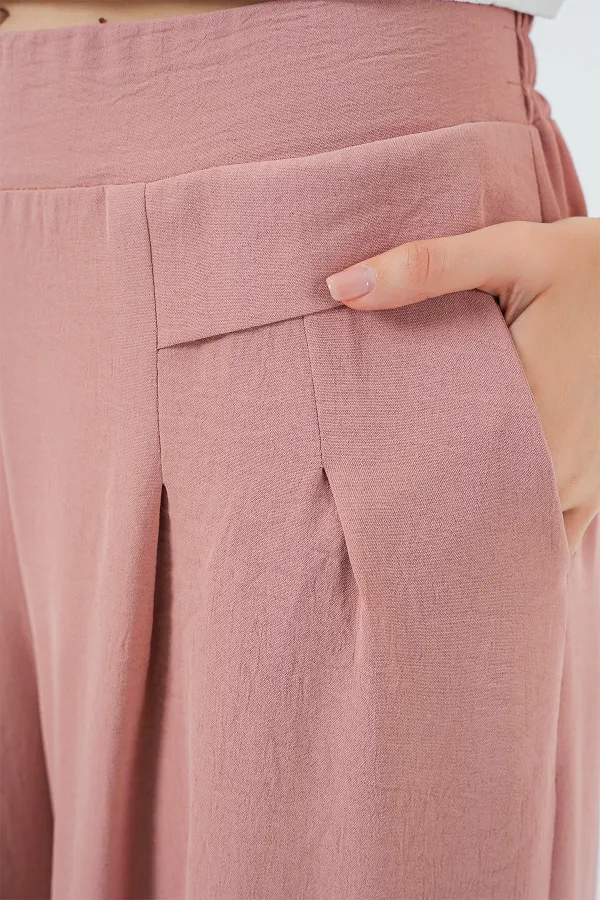 Kadın Geniş Paça Pileli Pantolon 6718 - Gül Kurusu