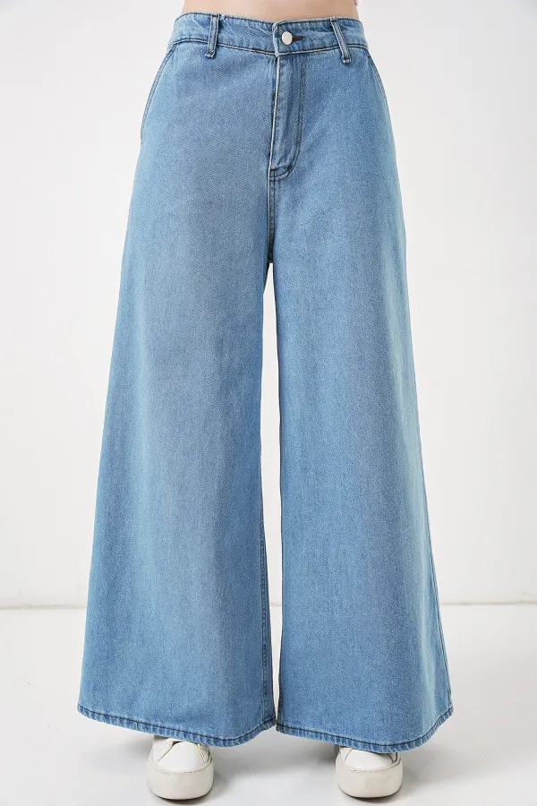 Women's Wide Leg High Waist Jeans 30080 - Light Blue Women's Wide Leg High Waist Jeans 30080 - Light Blue