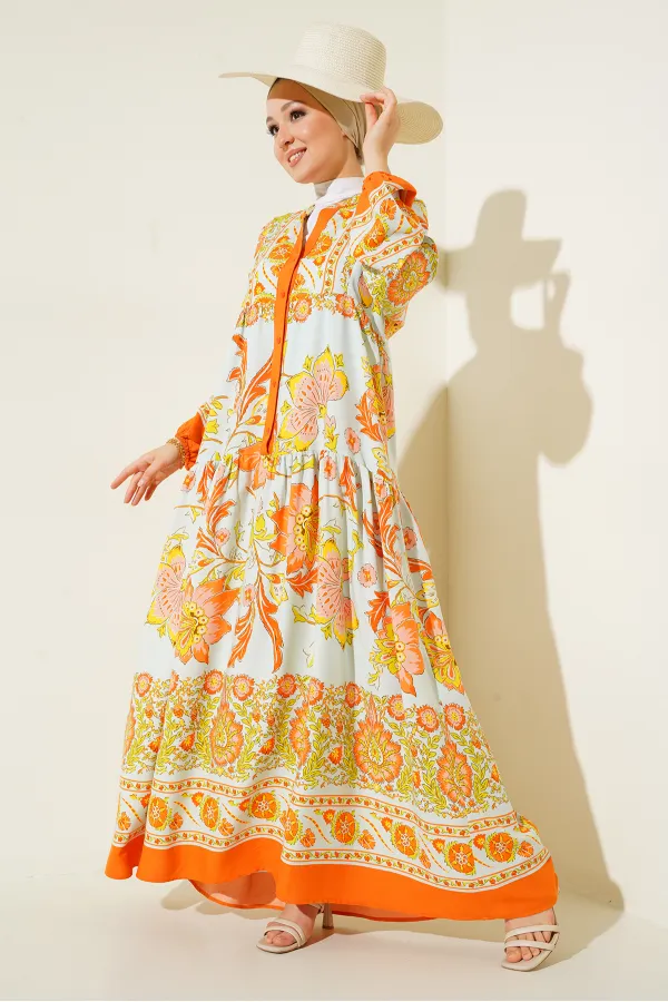 Robe hijab authentique à motifs 2423 - Jaune