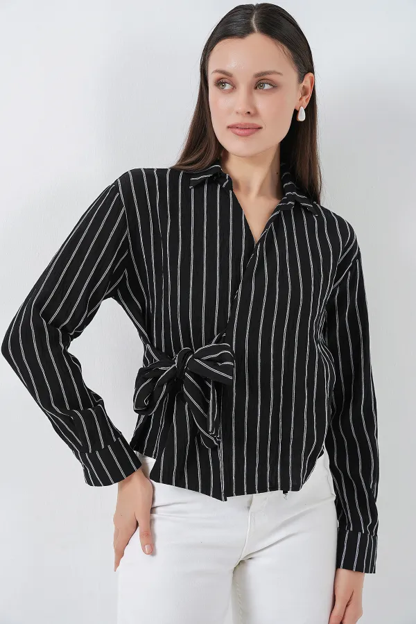 Women's Front Tie Striped Shirt 20362 - Black Women's Front Tie Striped Shirt 20362 - Black