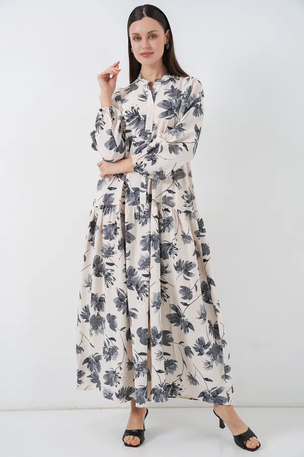 Kadın Lilyum Kumaş Uzun Tesettür Elbise 2593 - Gri