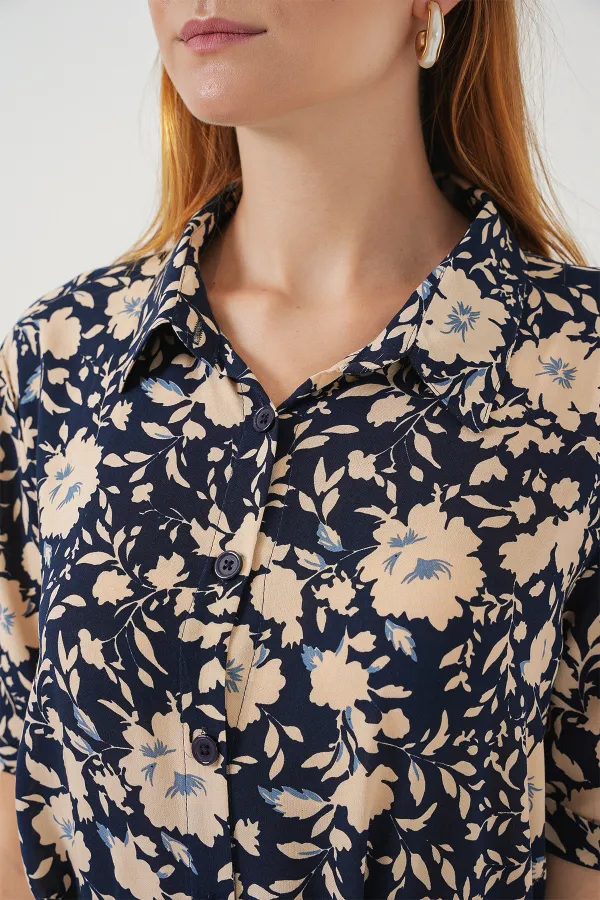 Kadın Kısa Kol Desenli Elbise 2560 - Lacivert