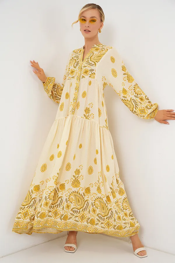 Robe hijab à motifs authentiques 2423 - Jaune