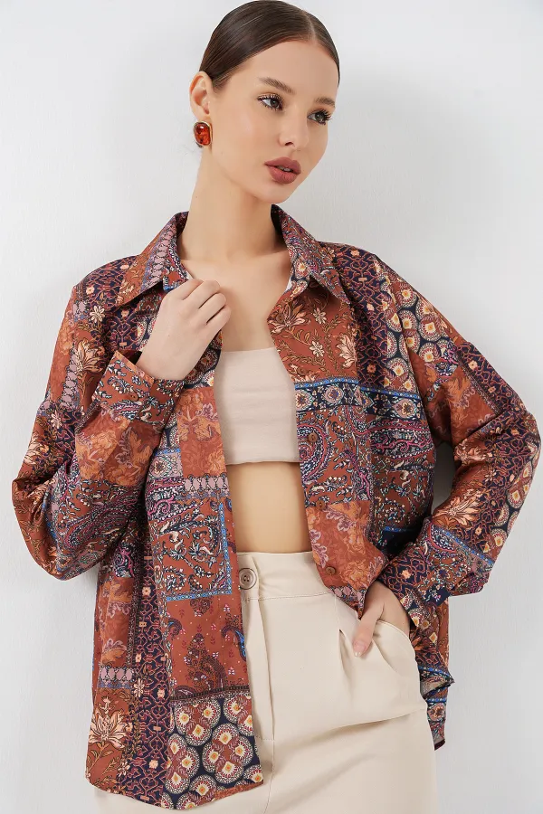 Women's Oversize Patterned Satin Shirt 20365 - Terracotta