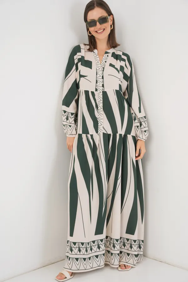 Kadın Desenli Uzun Tesettür Elbise 2585 - A. Zümrüt Yeşili