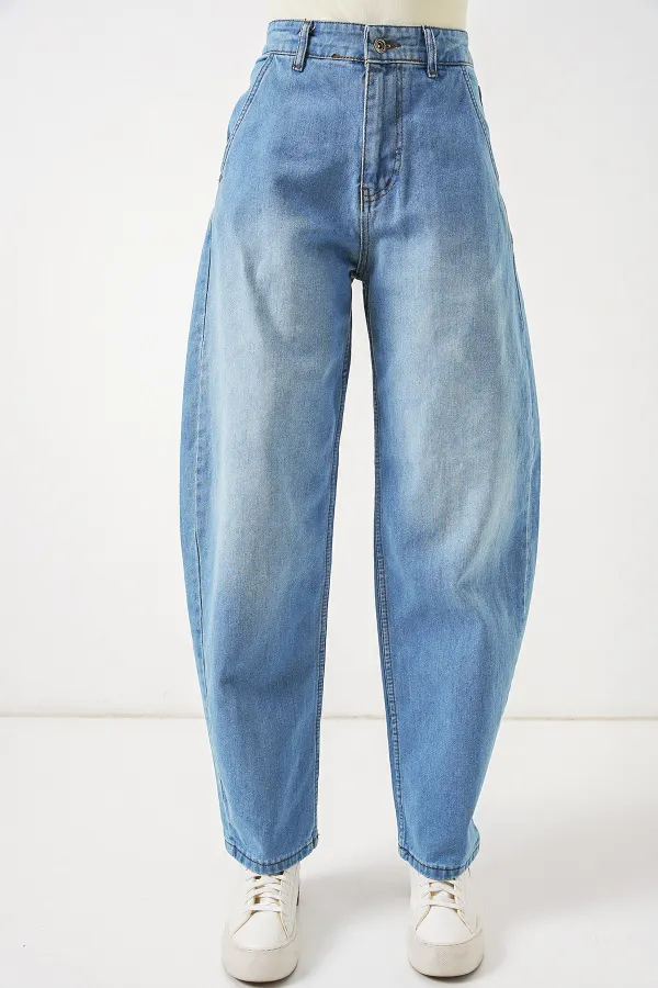 6689 Kadın Yüksek Bel Baggy Kot Pantolon - Açık Mavi