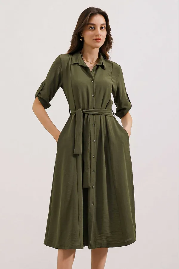 Women's Khaki Belted Shirt Dress 2442