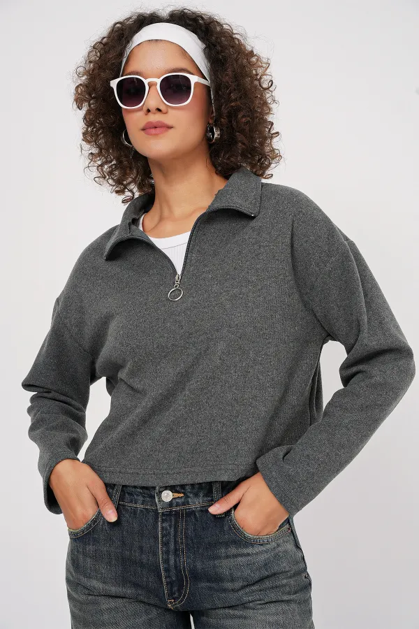55449 Zippered Collar Knitted Sweatshirt - Anthracite