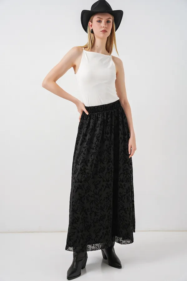 Kadın Desenli Astarlı Etek 8075 - Siyah