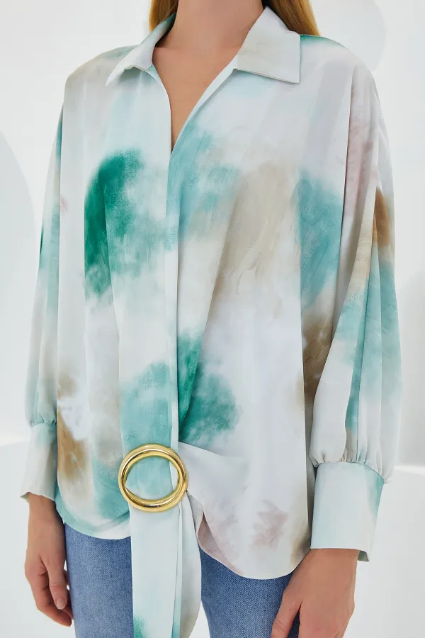 Kadın Yeşil Ekru Oversize Dökümlü Saten Gömlek 907